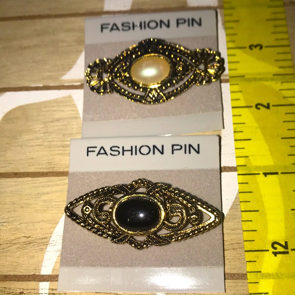 Set of Two NOS Vintage Black and Ivory Colored Beaded Filigree Brooches